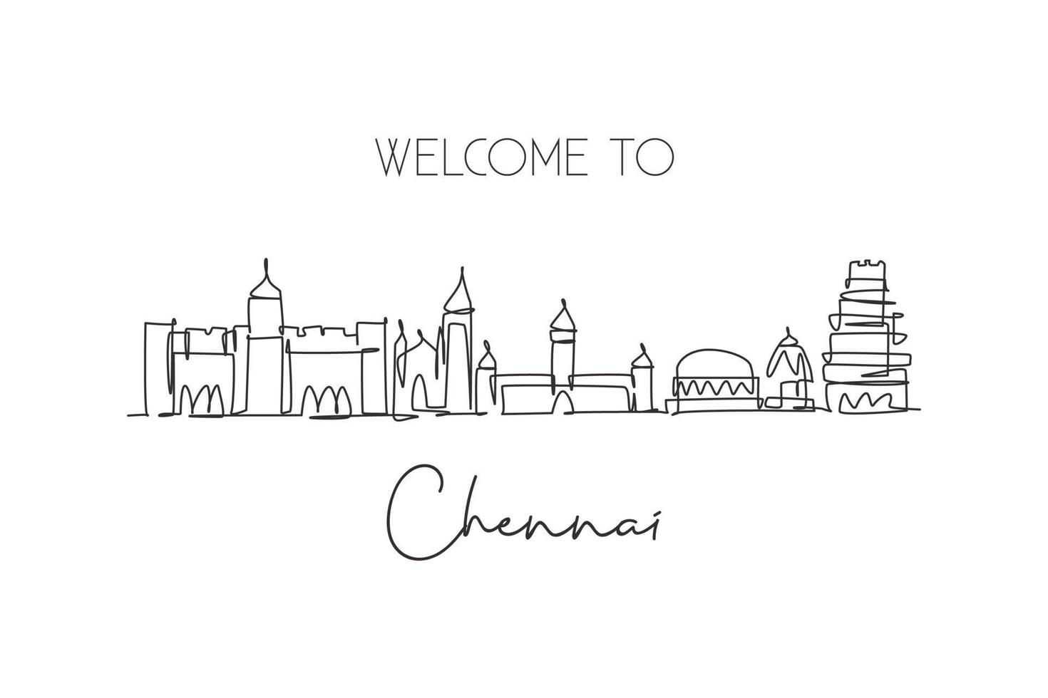 Single continuous line drawing of Chennai city skyline, India. Famous city scraper and landscape home decor wall art poster print. World travel concept. Modern one line draw design vector illustration