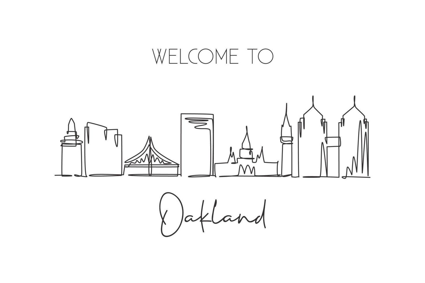 One continuous line drawing of Oakland city skyline, California. Beautiful landmark. World landscape tourism travel vacation poster. Editable stylish stroke single line draw design vector illustration