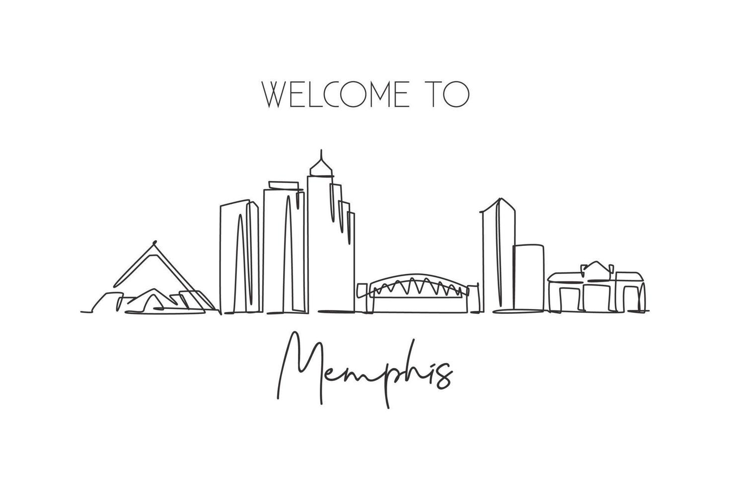 Single continuous line drawing of Memphis city skyline, USA. Famous city scraper and landscape. World travel concept home wall decor poster print art. Modern one line draw design vector illustration