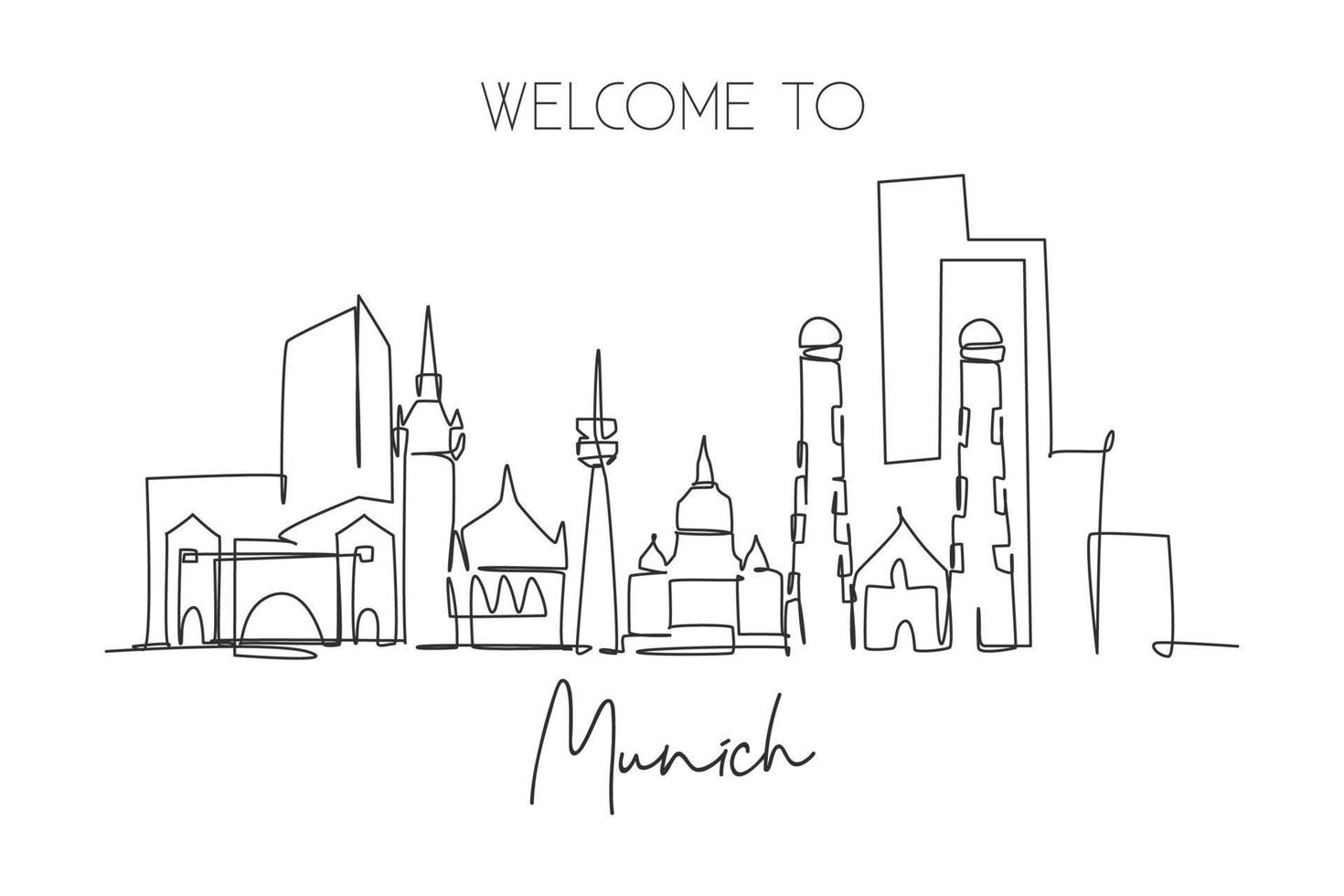 One single line drawing of Munich city skyline. Munchen city skyscraper landscape in world. Best destination holiday vacation wall decor poster concept. Continuous line draw design vector illustration