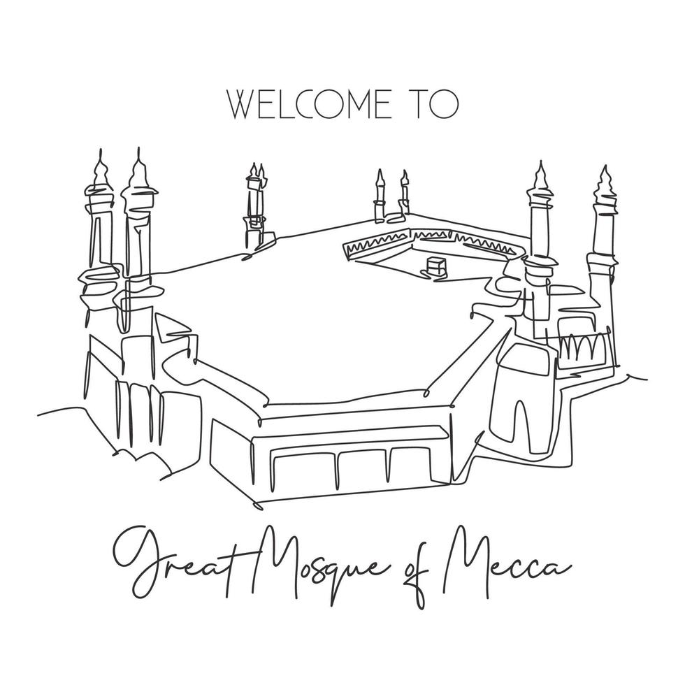 One continuous line drawing great mosque of masjid al haram landmark. Famous place in Mecca, Saudi Arabia. Hajj umrah wall decor poster art concept. Trendy single line draw design vector illustration