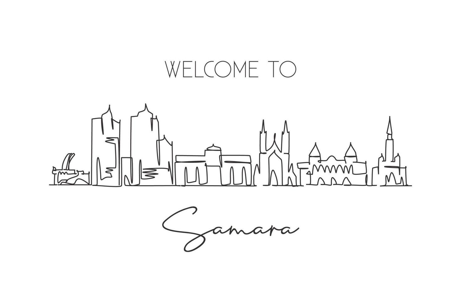 One single line drawing Samara city skyline, Russia. World historical town landscape postcard. Best place holiday destination. Editable stroke trendy continuous line draw design vector illustration