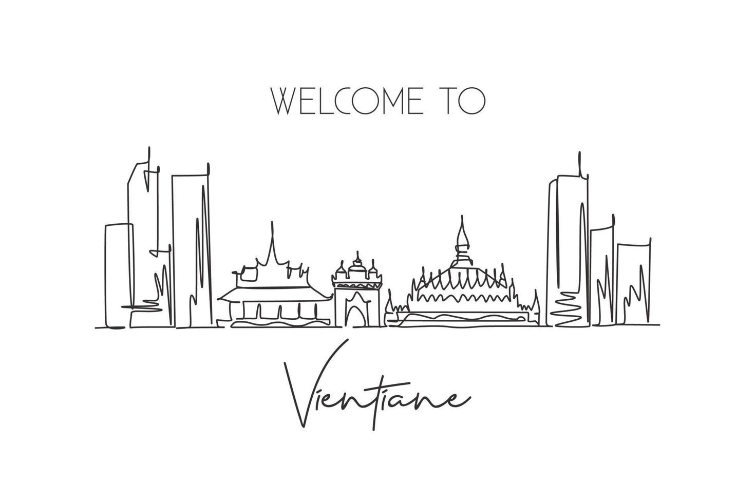 Single continuous line drawing Vientiane city skyline, Laos. Famous city scraper landscape postcard. World travel destination concept. Editable stroke modern one line draw design vector illustration