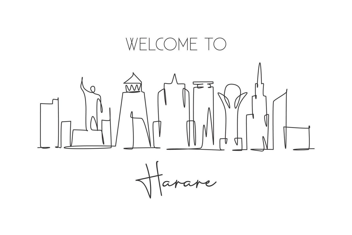 Single continuous line drawing of Harare city skyline, Zimbabwe. Famous city scraper landscape home decor wall art poster print. World travel concept. Modern one line draw design vector illustration