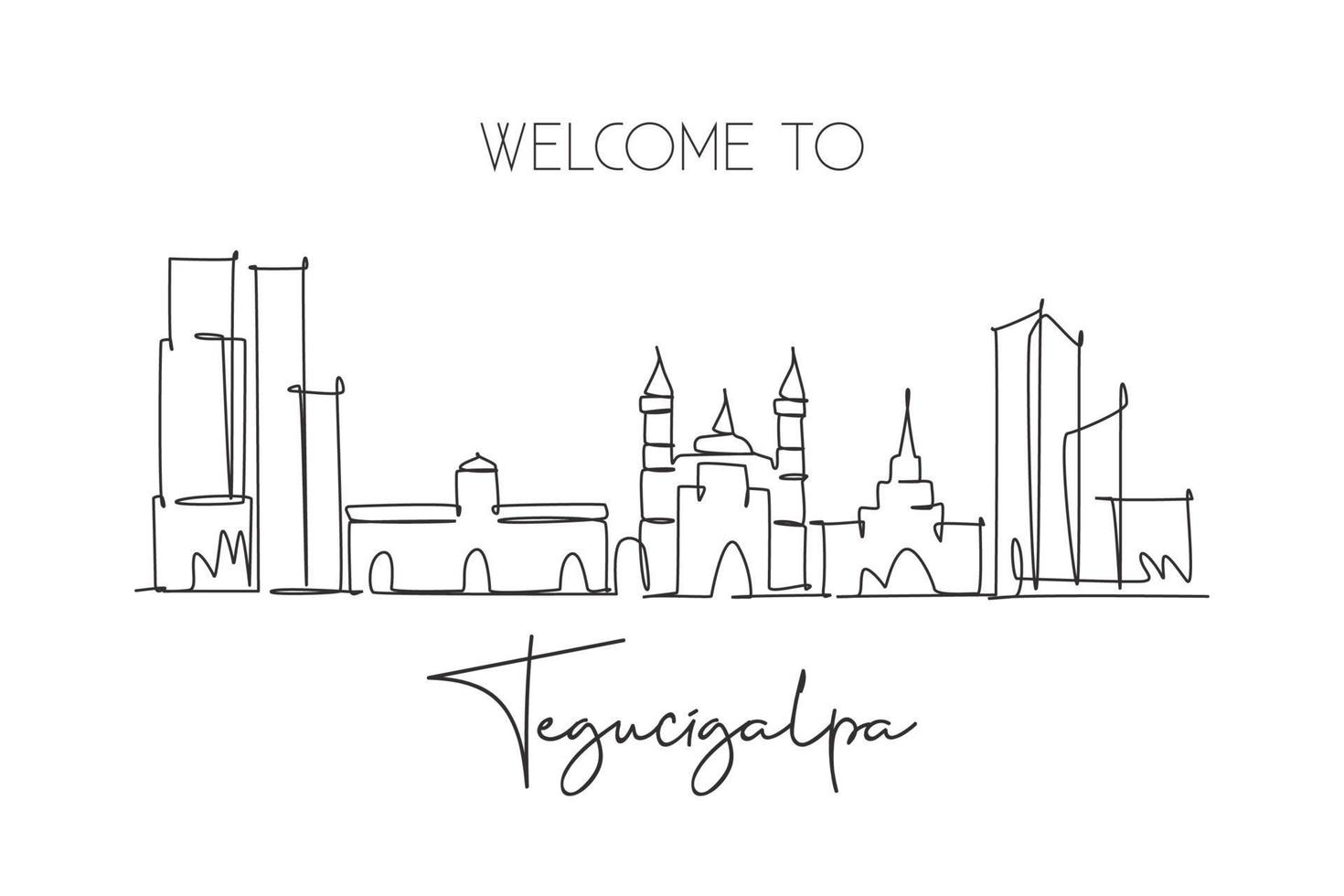 Single continuous line drawing Tegucigalpa skyline, Honduras. Famous city scraper landscape postcard. World travel destination concept. Editable stroke modern one line draw design vector illustration