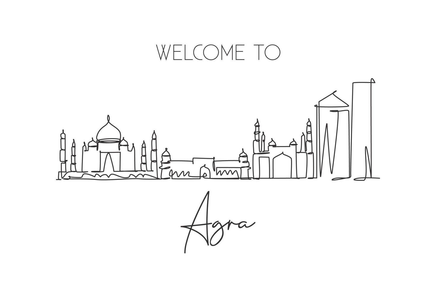 Single continuous line drawing of Agra city skyline, India. Famous city scraper and landscape home wall decor poster print art. World travel concept. Modern one line draw design vector illustration
