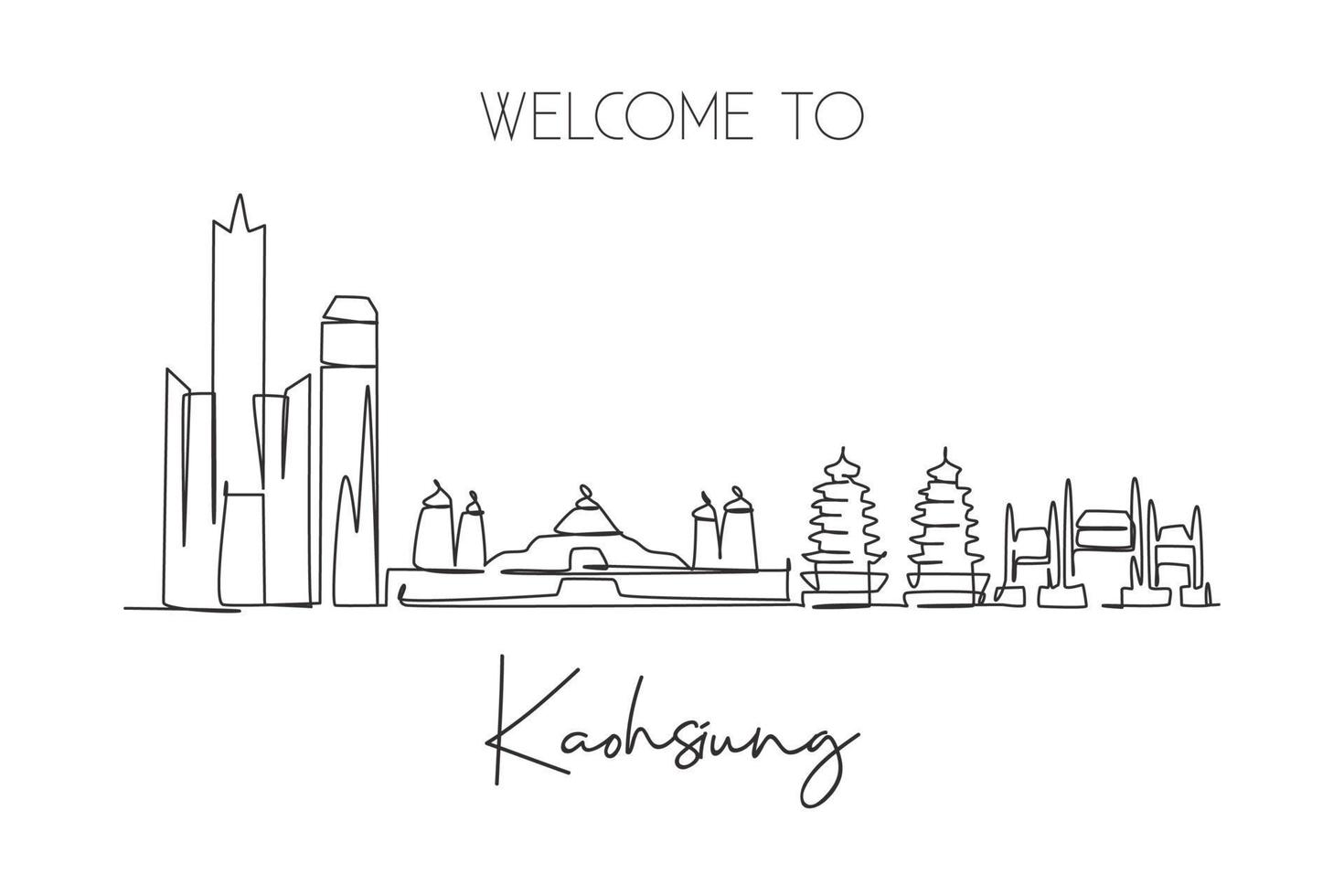 One continuous line drawing of Kaohsiung city skyline, Taiwan. Beautiful landmark. World landscape tourism and travel vacation. Editable stylish stroke art single line draw design vector illustration