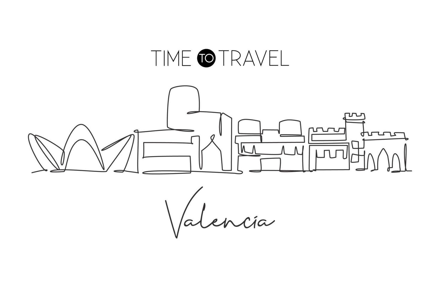 One continuous line drawing of Valencia city skyline Spain. Beautiful skyscraper postcard. World landscape tourism travel wall decor poster concept. Stylish single line draw design vector illustration