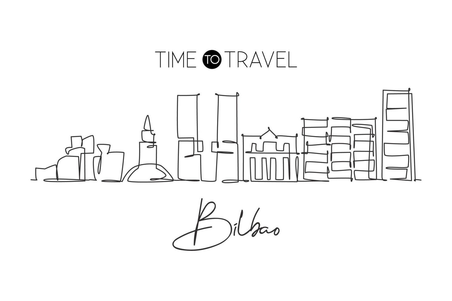 One continuous line drawing of Bilbao city skyline, Spain. Beautiful skyscraper postcard. World landscape tourism travel wall decor poster concept. Stylish single line draw design vector illustration