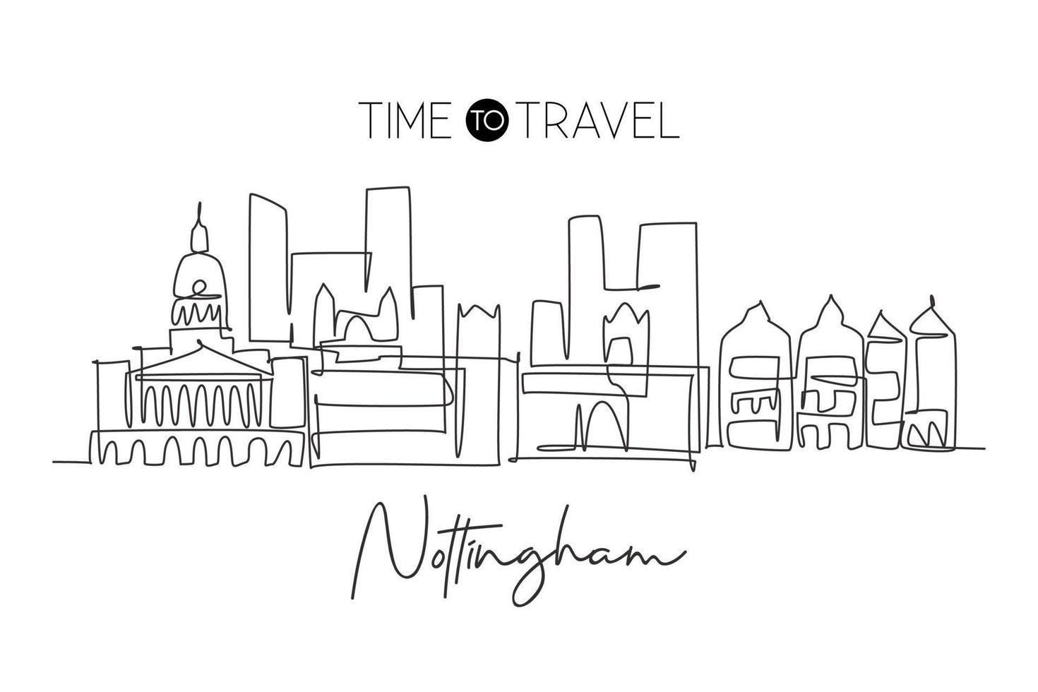 One continuous line drawing of Nottingham city skyline. Beautiful city skyscraper. World landscape tourism travel vacation home wall decor poster concept. Single line draw design vector illustration