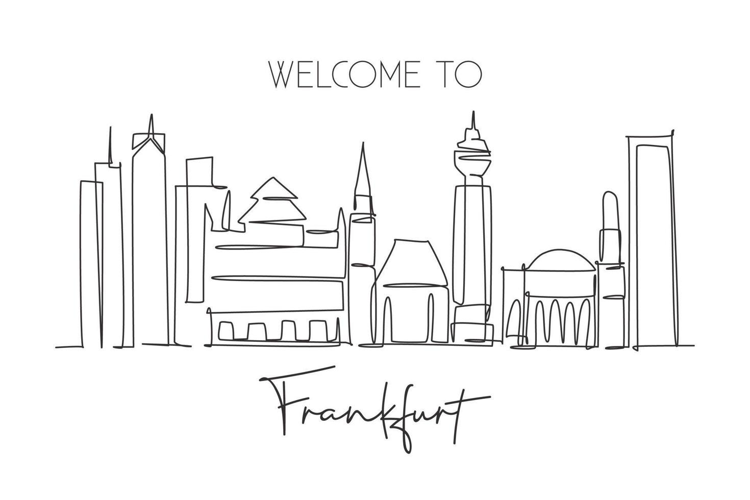 Single continuous line drawing of Frankfurt city skyline, Germany. Famous skyscraper landscape. World travel wall decor home art poster print concept. Modern one line draw design vector illustration