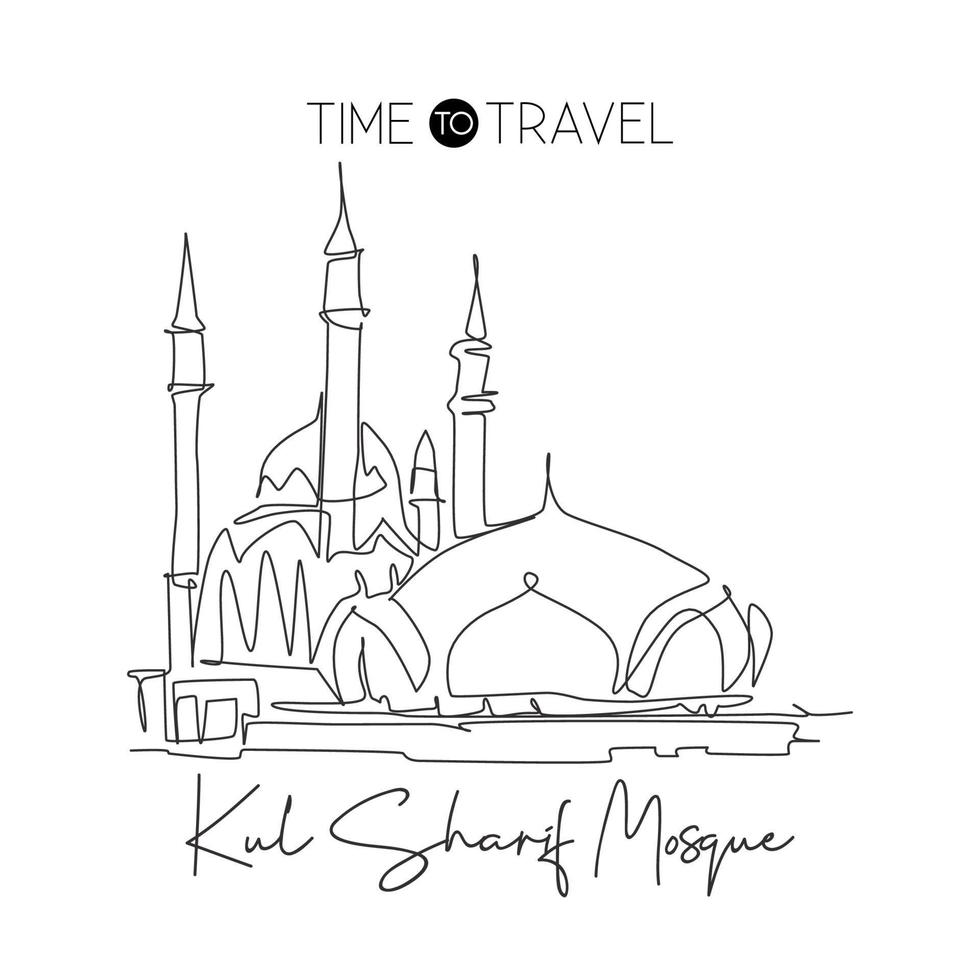 único dibujo de línea continua hito de la mezquita kul sharif. hermoso lugar famoso en kazan rusia. concepto de arte del cartel de la decoración de la pared del hogar del lugar sagrado del mundo. Ilustración de vector de diseño de dibujo de una línea dinámica