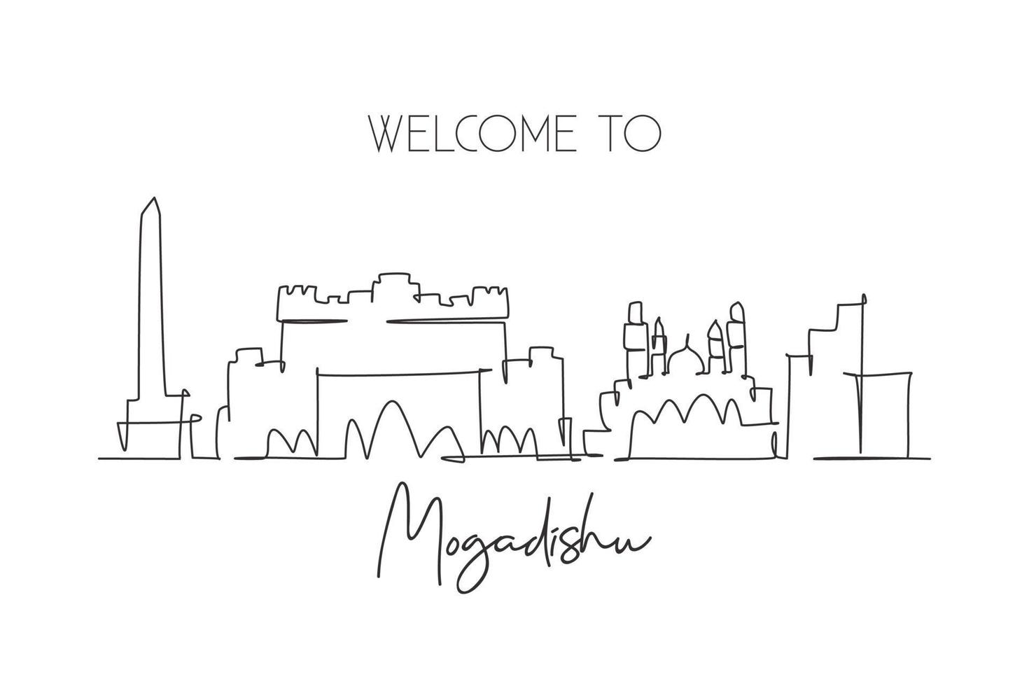 One single line drawing city Mogadishu skyline, Somalia. Historical place landscape in world. Best holiday destination postcard. Editable stroke trendy continuous line draw design vector illustration