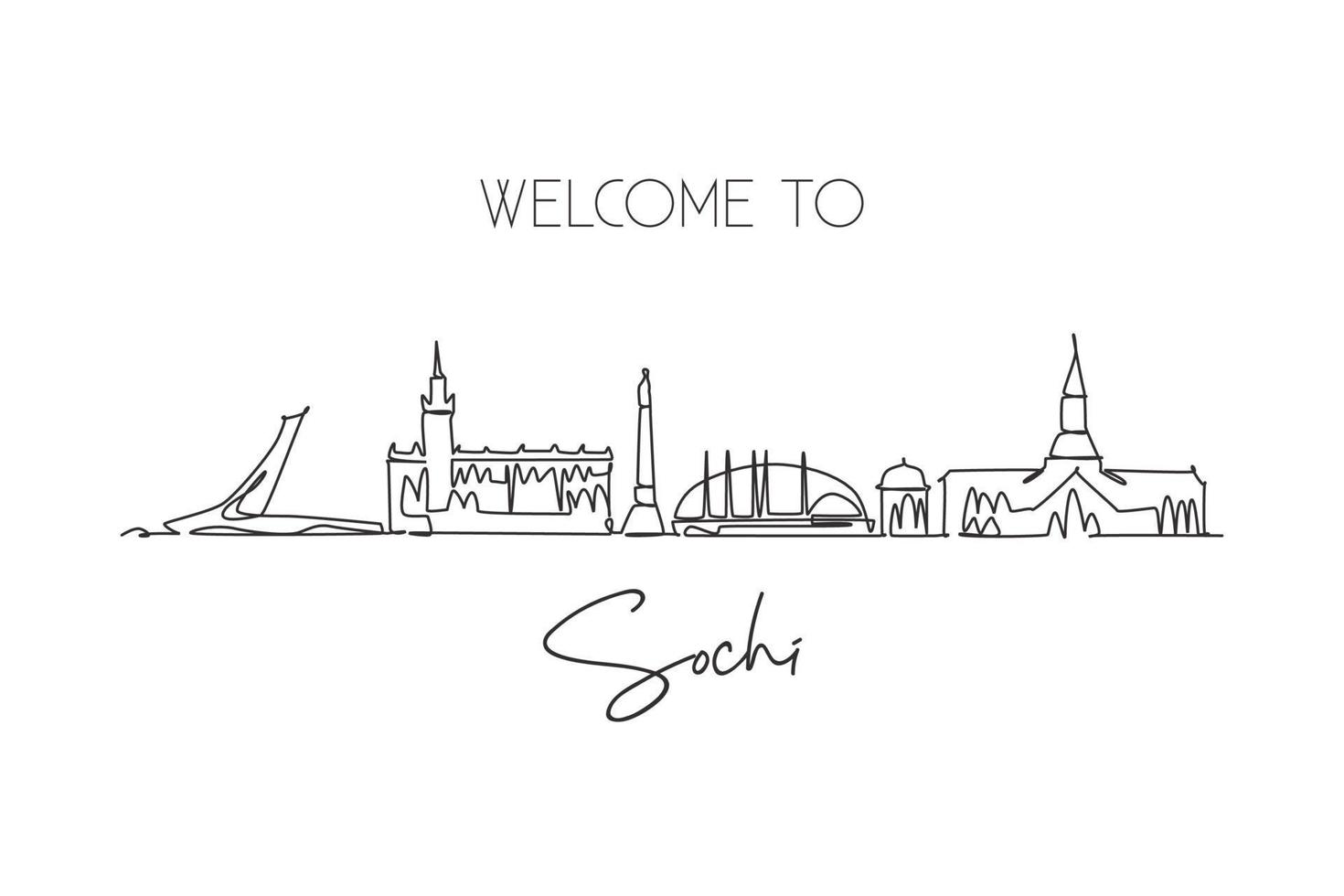 Single continuous line drawing Sochi skyline, Russia. Famous city scraper landscape home wall decor poster print art. World travel destination concept. Modern one line draw design vector illustration
