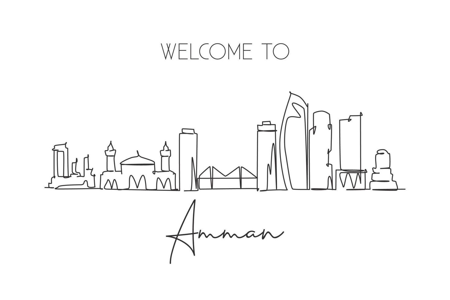 One single line drawing of Amman city skyline, Jordan. Historical town landscape in the world. Best holiday destination. Editable stroke trendy continuous line draw design graphic vector illustration