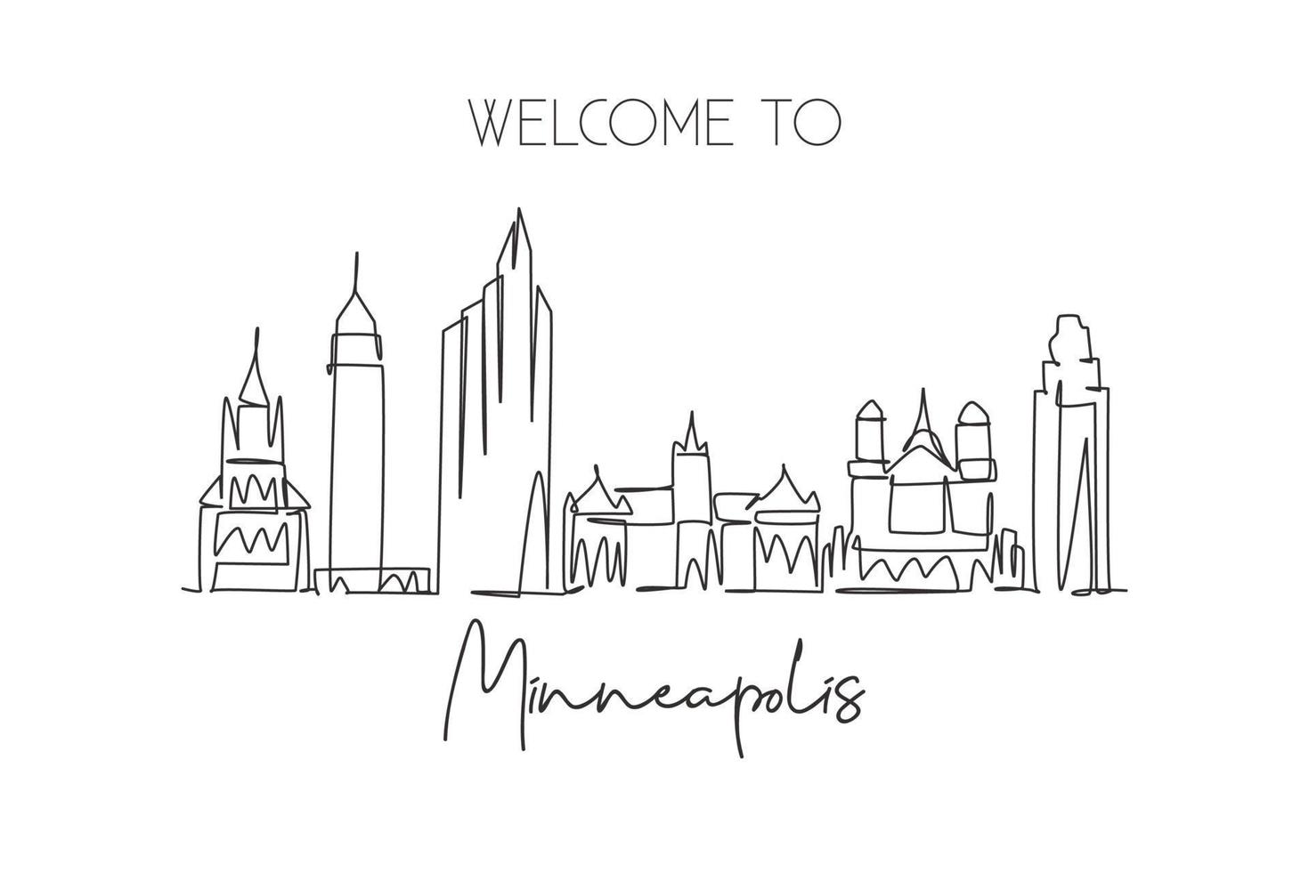 un dibujo de una sola línea del horizonte de la ciudad de minneapolis, estados unidos. paisaje histórico de la ciudad. El mejor destino de vacaciones para la decoración de la pared del hogar. ilustración de vector de diseño de dibujo de línea continua de moda