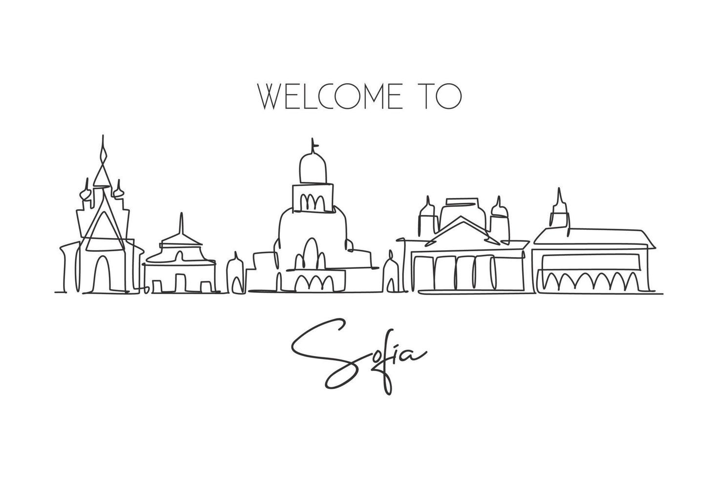 Single continuous line drawing of Sofia city skyline, Bulgaria. Famous city scraper landscape. World travel home wall decor art poster print concept. Modern one line draw design vector illustration