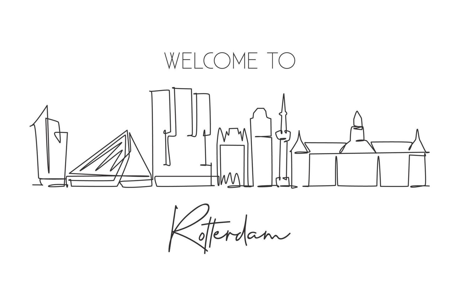 Single continuous line drawing of Rotterdam city skyline, Netherlands. Famous skyscraper landscape postcard. World travel wall decor poster art concept. Modern one line draw design vector illustration