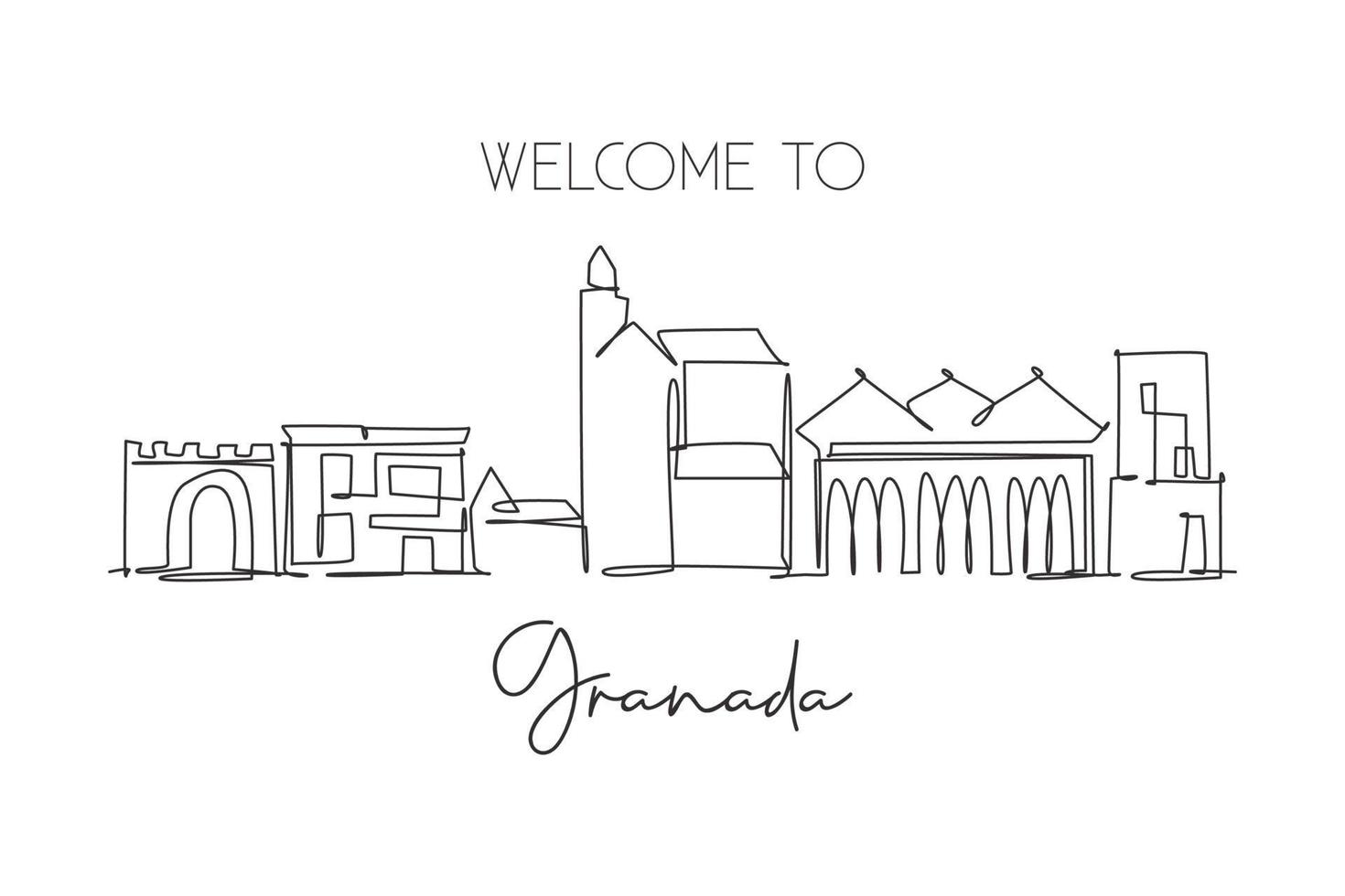 One continuous line drawing of Granada city skyline, Spain. Beautiful skyscraper. World landscape tourism travel vacation concept wall decor poster. Stylish single line draw design vector illustration