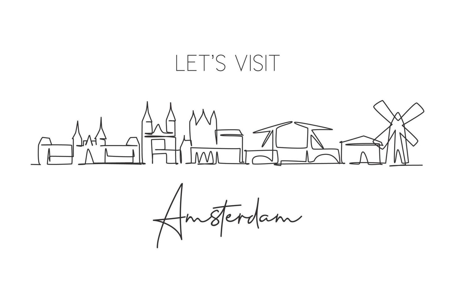 One single line drawing of Amsterdam city skyline, Netherlands. Historical skyscraper landscape in world. Best holiday destination wall decor poster. Continuous line draw design vector illustration