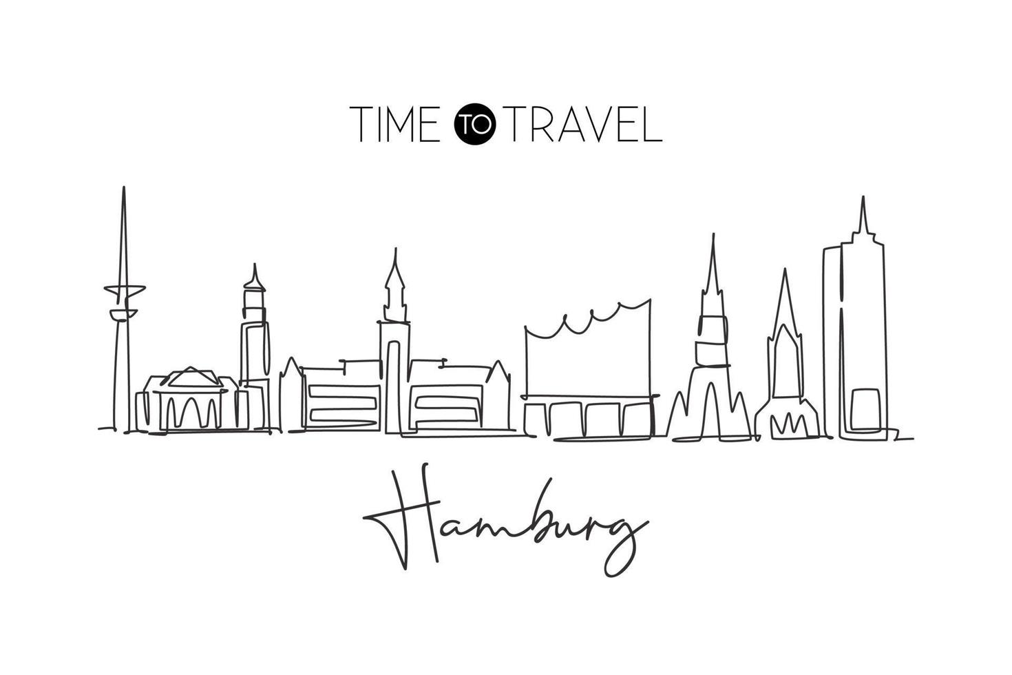 Single continuous line drawing of Hamburg city skyline Germany. Famous city skyscraper landscape. World travel home wall decor poster print art concept. Modern one line draw design vector illustration