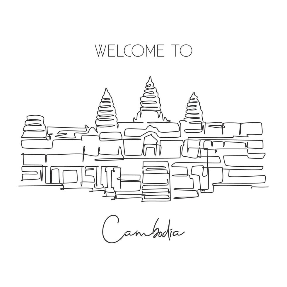 One continuous line drawing Angkor Wat Temples landmark. Iconic place in Siem Reap, Cambodia. Holiday vacation wall decor home art poster concept. Modern single line draw design vector illustration