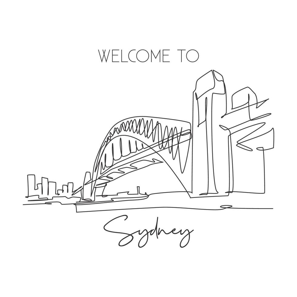 One continuous line drawing Sydney Harbour Bridge landmark. Great bridge in Australia. Holiday vacation tourism home wall decor poster print concept. Modern single line draw design vector illustration