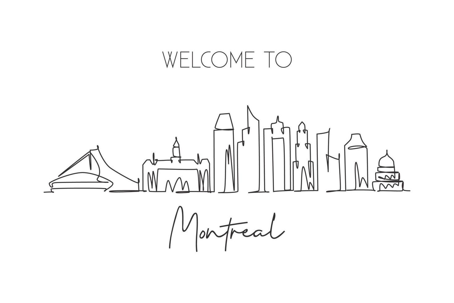 Single continuous line drawing Montreal city skyline, Canada. Famous city scraper landscape postcard. World travel destination concept. Editable stroke modern one line draw design vector illustration