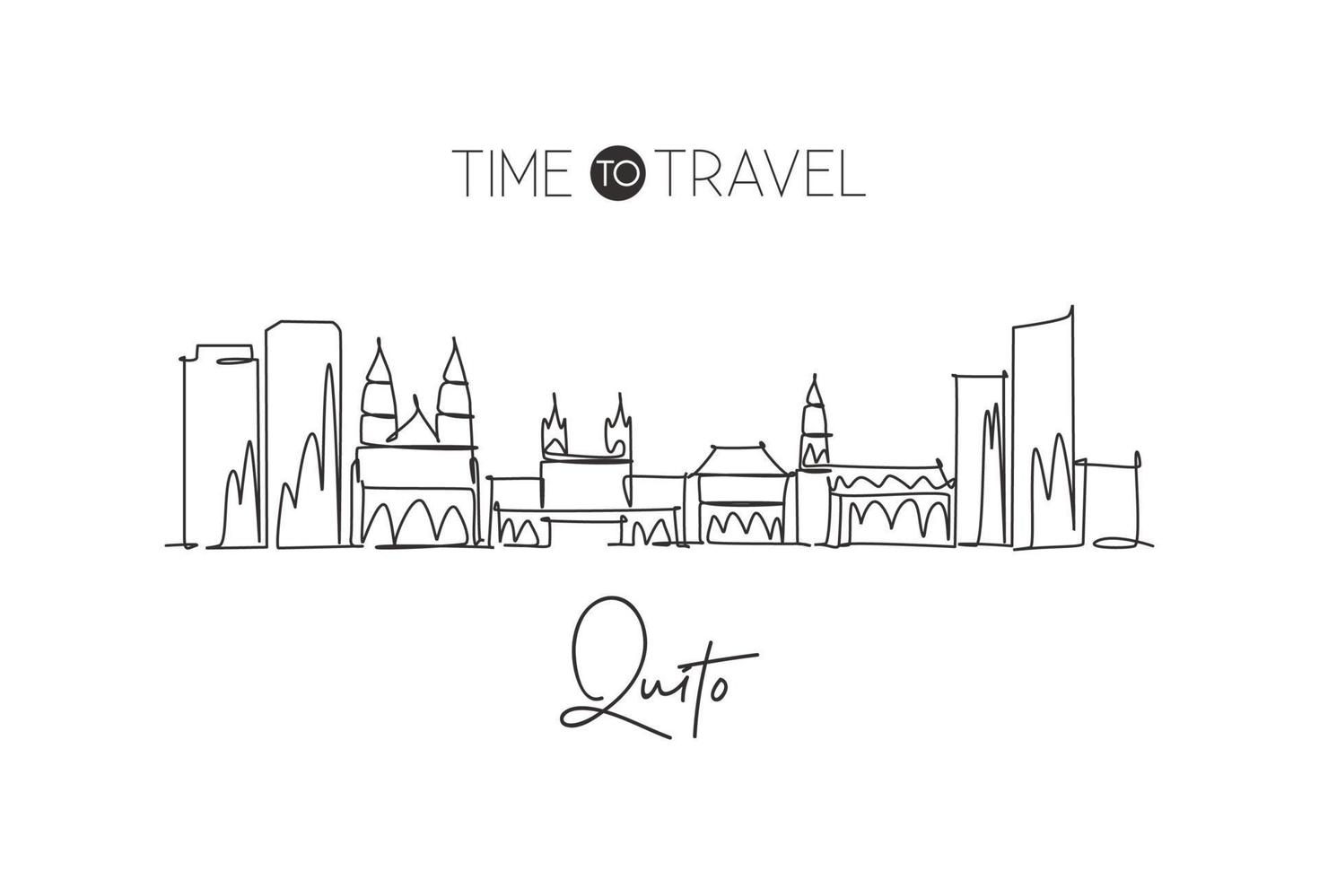 Single continuous line drawing of Quito city skyline, Ecuador. Famous city scraper and landscape. World travel destination concept. Editable stroke modern one line draw art design vector illustration