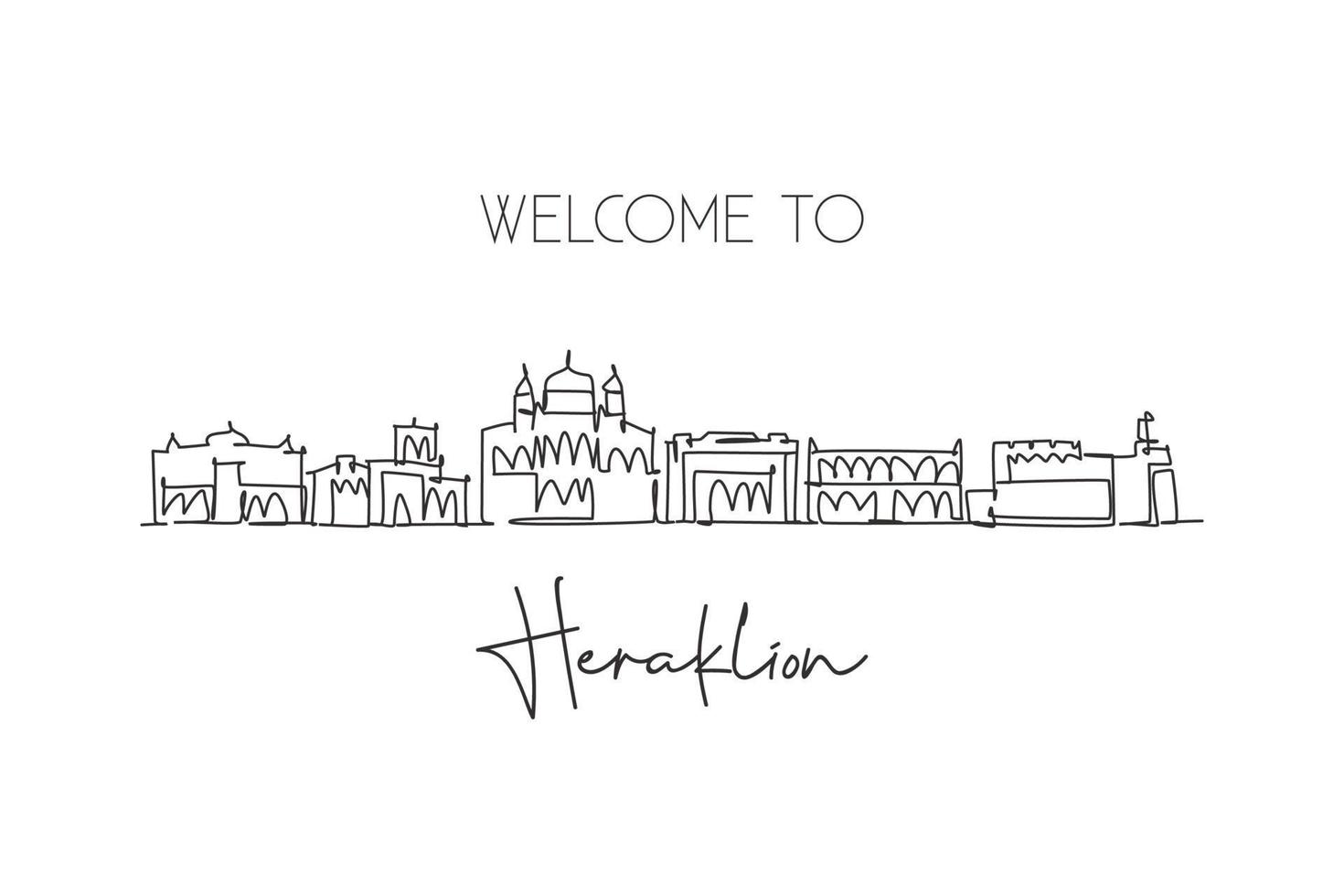 One continuous line drawing of Heraklion city skyline, Greece. Beautiful landmark postcard. World landscape tourism travel vacation. Editable stylish stroke single line draw design vector illustration