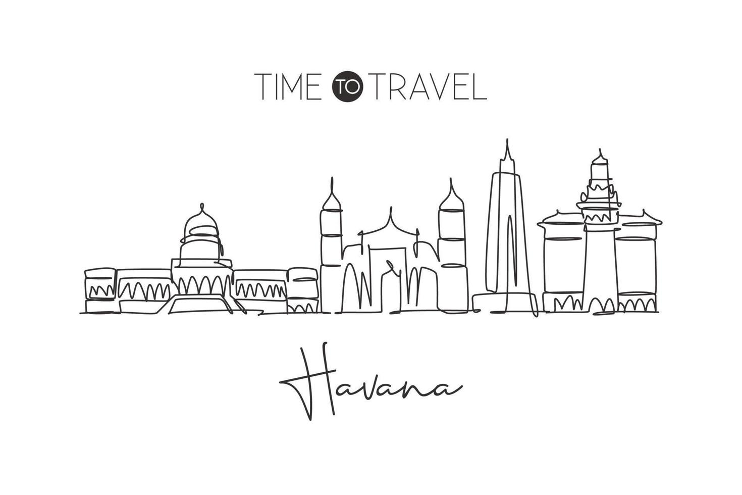 Single continuous line drawing Havana skyline, Cuba. Famous city scraper landscape. World travel destination home wall decor poster print art concept. Modern one line draw design vector illustration