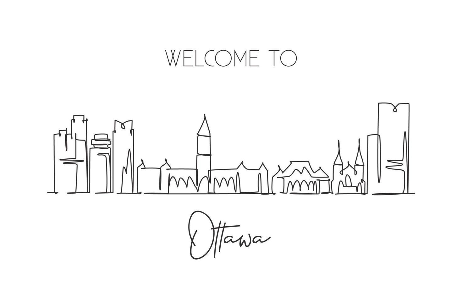 One continuous line drawing Ottawa city skyline, Canada. Beautiful landmark postcard. World landscape tourism and travel vacation. Editable stylish stroke single line draw design vector illustration