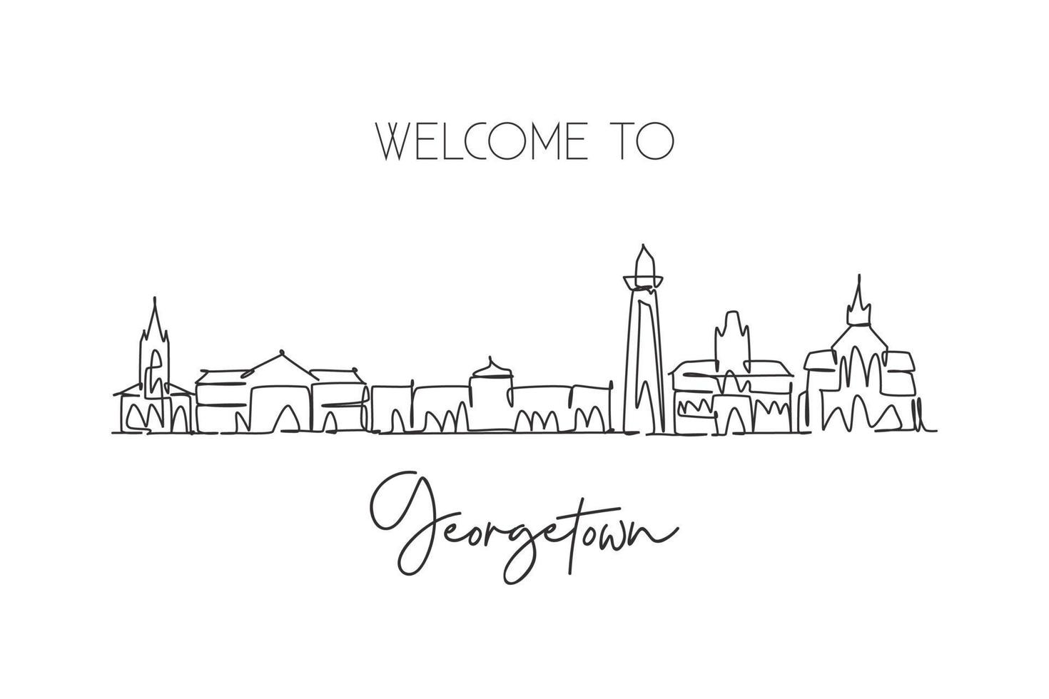 Single continuous line drawing of Georgetown skyline, Guyana. Famous city scraper landscape postcard. World travel destination concept. Editable stroke modern one line draw design vector illustration