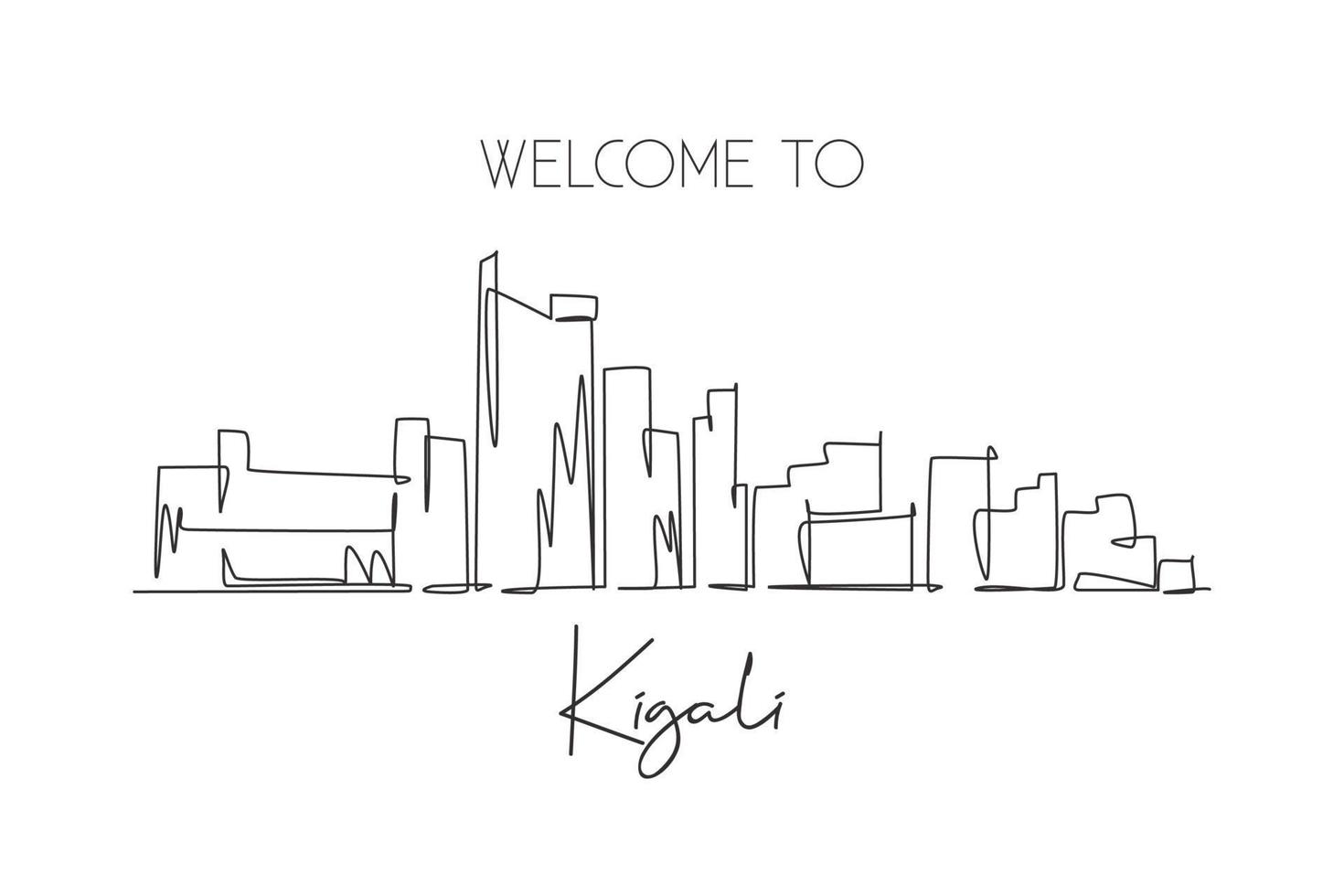 One single line drawing Kigali city skyline, Rwanda. Historical place landscape in world postcard art. Best holiday destination. Editable stroke trendy continuous line draw design vector illustration