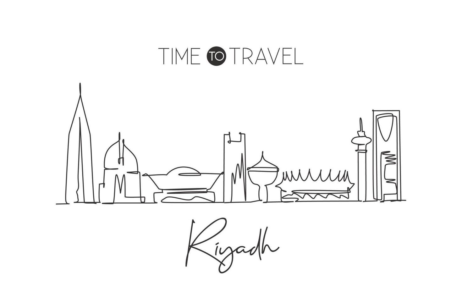 Single continuous line drawing of Riyadh skyline, Saudi Arabia. Famous city scraper landscape. World travel concept wall decor home art poster print. Modern one line draw design vector illustration