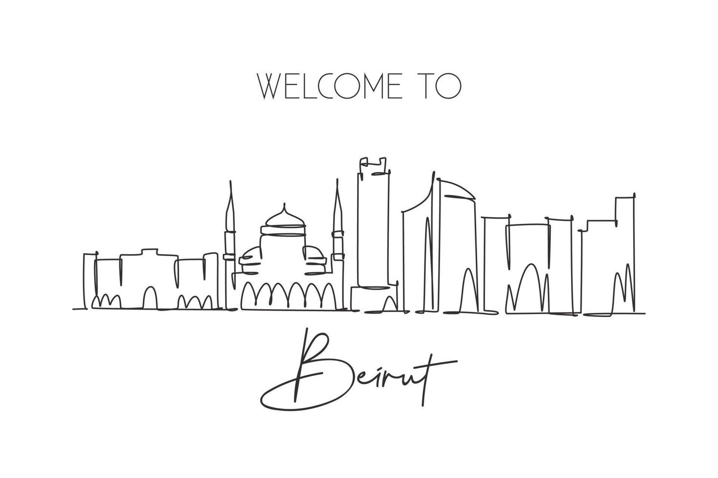 Single continuous line drawing of Beirut city skyline, Lebanon. Famous city scraper and landscape home wall decor poster print. World travel concept. Modern one line draw design vector illustration