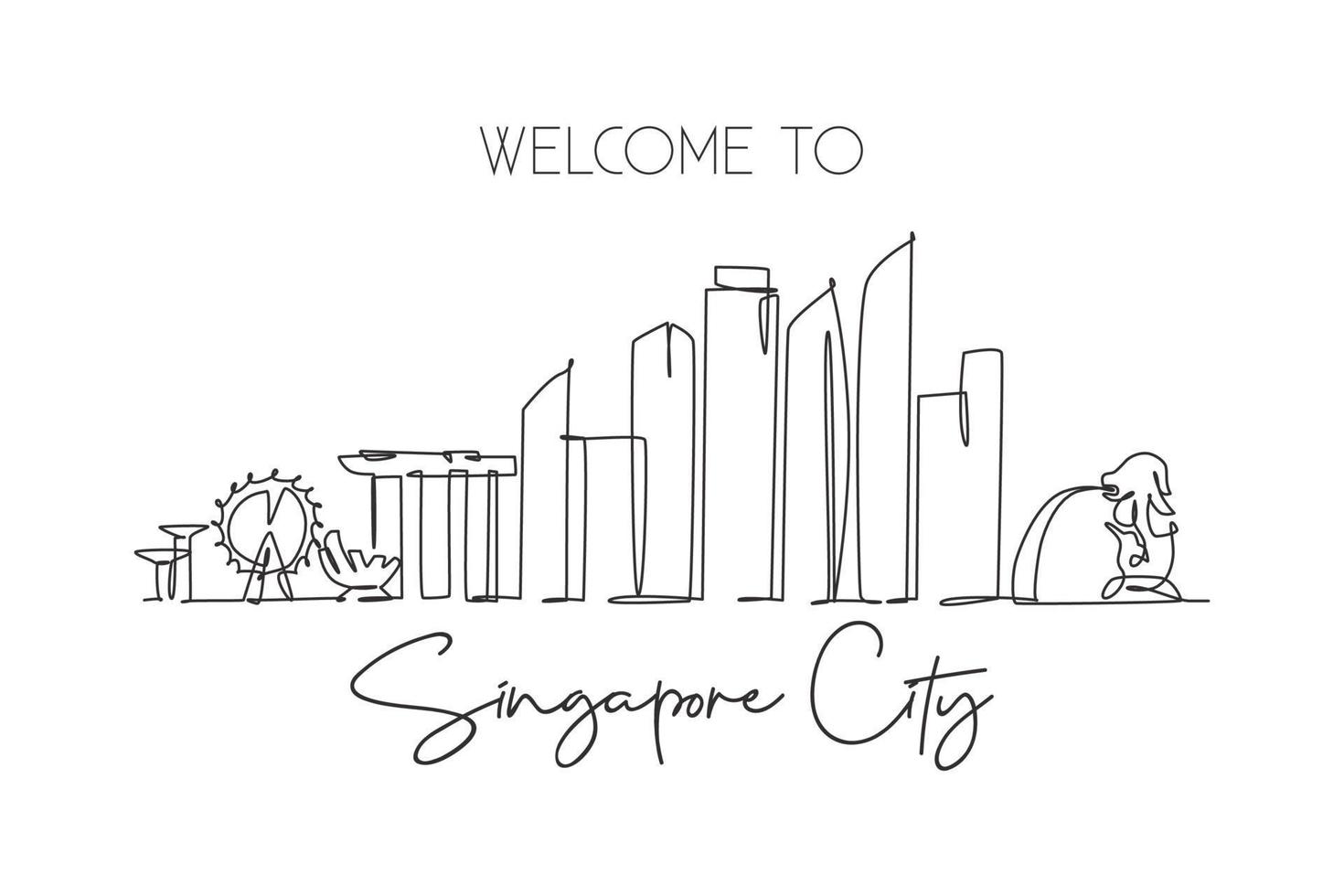 dibujo de una sola línea continua del horizonte de la ciudad de singapur. famoso raspador y paisaje de la ciudad. concepto de viaje mundial decoración del hogar póster de impresión de pared art. Ilustración de vector de diseño de dibujo de una línea moderna