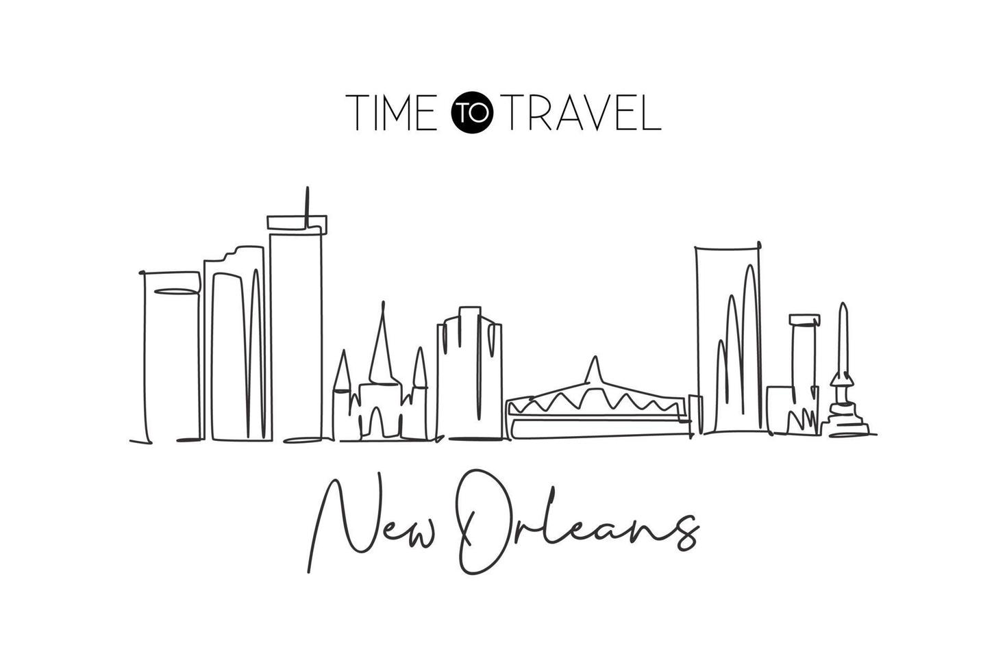 One single line drawing of New Orleans city skyline, Louisiana. Historical town landscape in the world. Best holiday destination. Editable stroke trendy continuous line draw design vector illustration