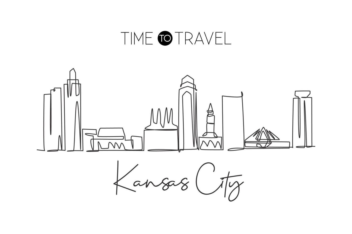 One continuous line drawing of Kansas city skyline, USA. Beautiful landmark. World landscape tourism travel vacation poster print. Editable stylish stroke single line draw design vector illustration