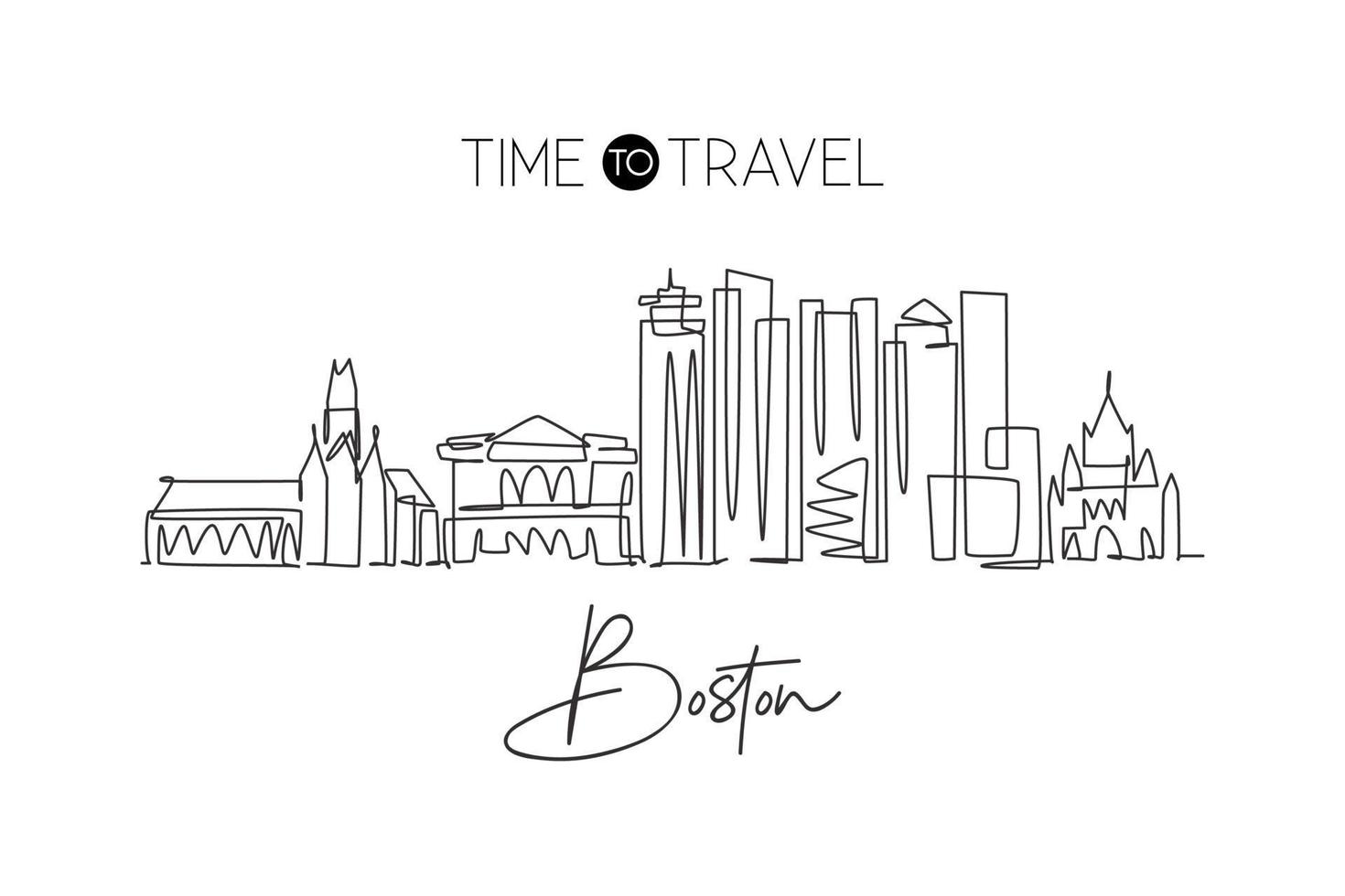 One continuous line drawing of Boston city skyline, USA. Beautiful landmark. World landscape tourism travel vacation poster print. Editable stylish stroke single line draw design vector illustration