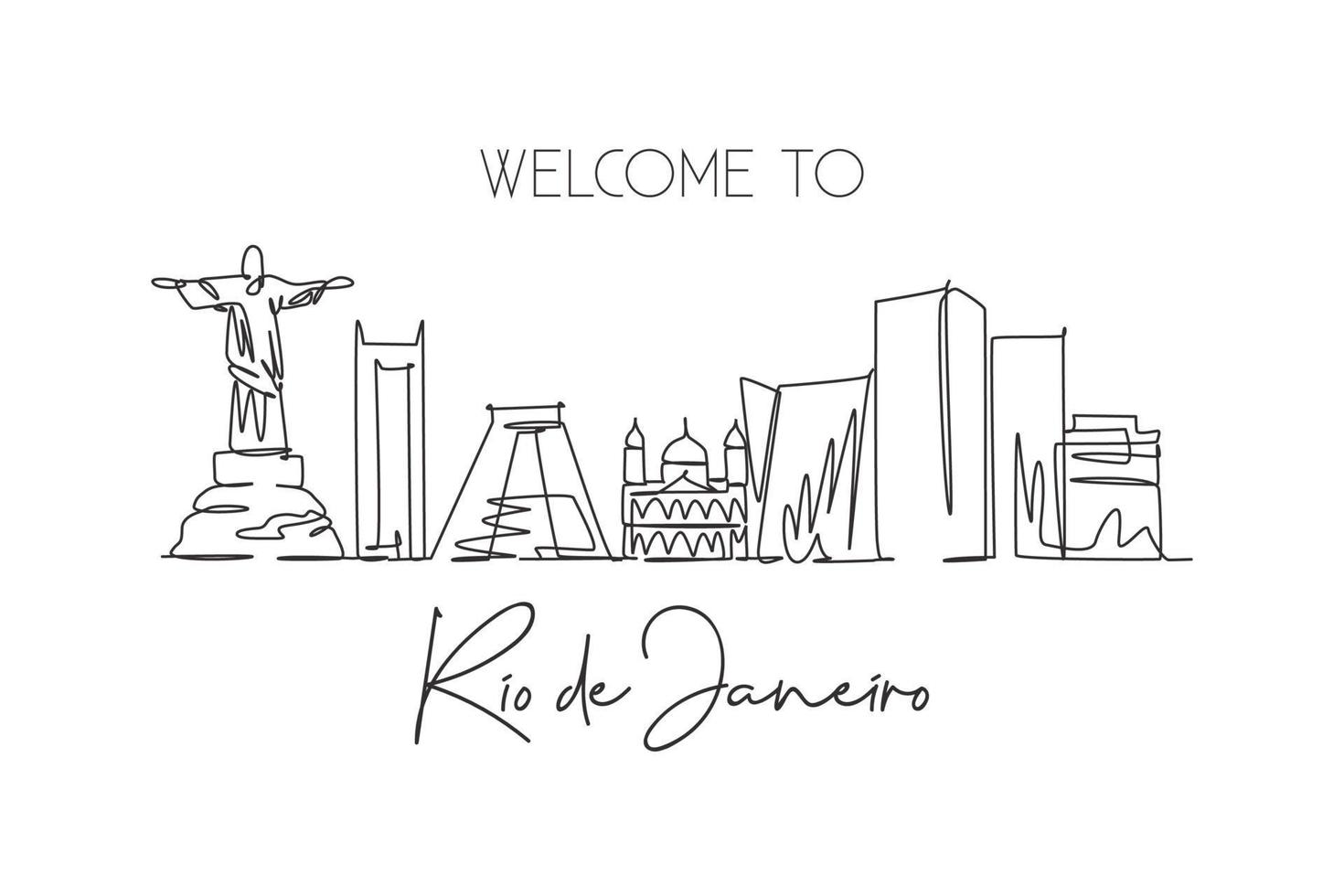 Single continuous line drawing of Rio de Janeiro city skyline, Brazil. Famous city scraper and landscape. World travel postcard concept. Editable stroke modern one line draw design vector illustration