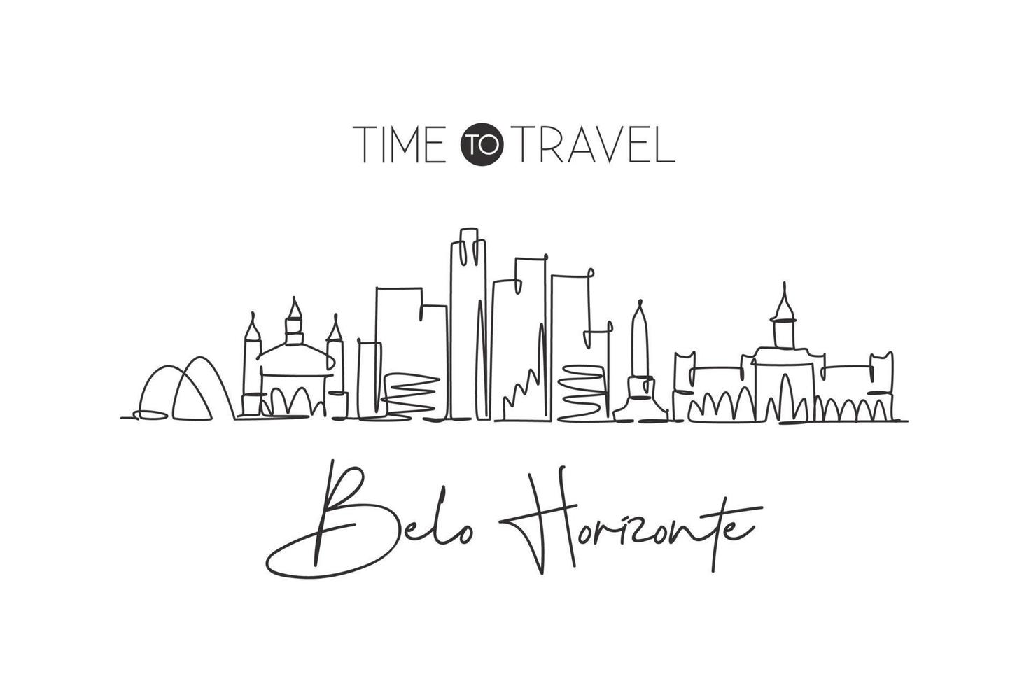 One single line drawing of Belo Horizonte city skyline, Brazil. World historical town landscape. Best holiday place destination. Editable stroke trendy continuous line draw design vector illustration