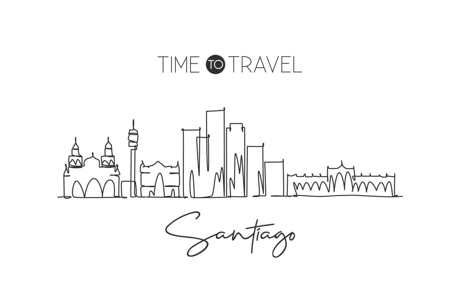 One continuous line drawing Santiago city skyline, Chile. Beautiful landmark. World landscape tourism and travel vacation postcard. Editable stylish stroke single line draw design vector illustration