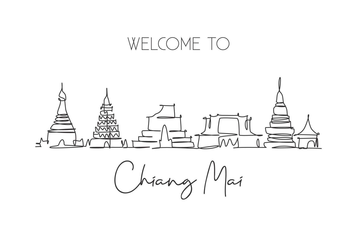 Single continuous line drawing of Chiang Mai city skyline, Thailand. Famous city landscape. World travel concept home wall decor poster print art. Modern one line draw design vector illustration