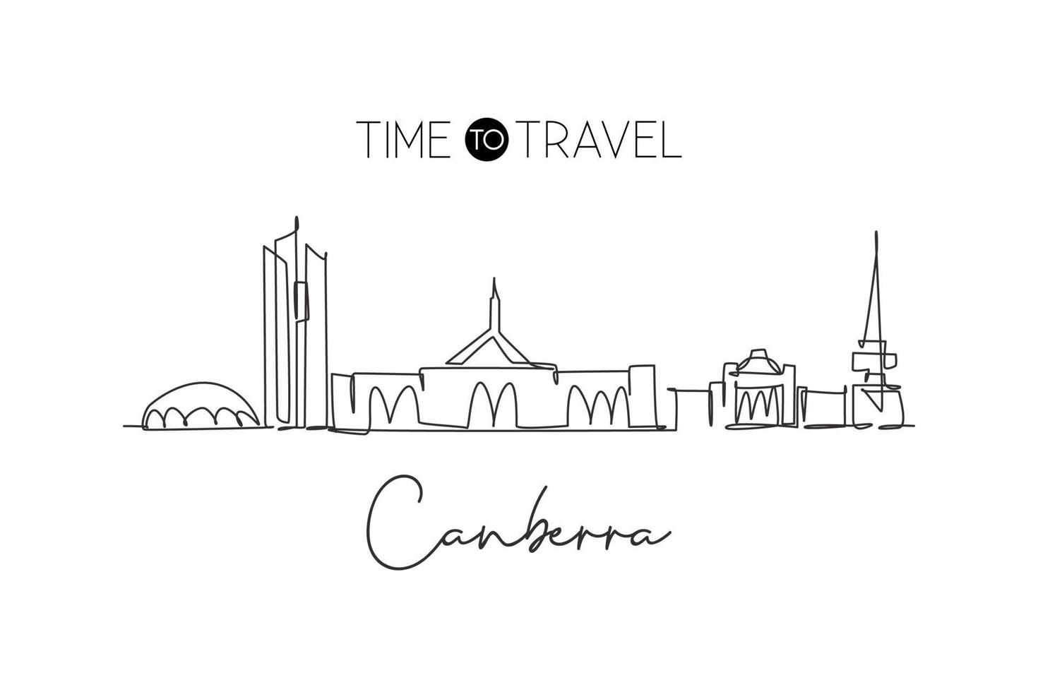 One continuous line drawing of Canberra city skyline, Australia. Beautiful landmark. World landscape tourism travel vacation poster. Editable stylish stroke single line draw design vector illustration