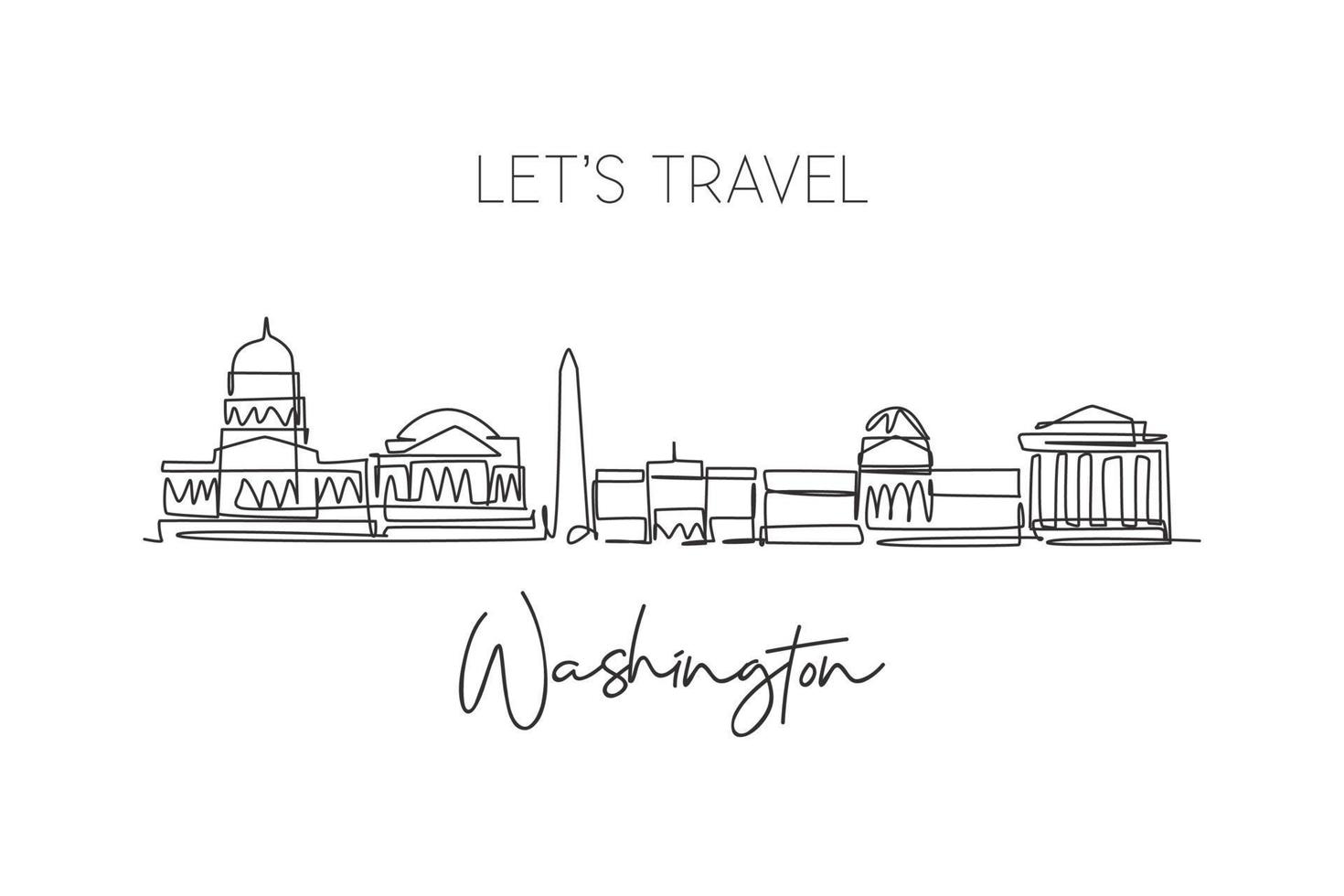 dibujo de una sola línea continua del horizonte de la ciudad de washington, estados unidos. famoso paisaje rascador de la ciudad. concepto de viaje mundial hogar pared decoración cartel impresión arte. Ilustración de vector de diseño de dibujo de una línea moderna