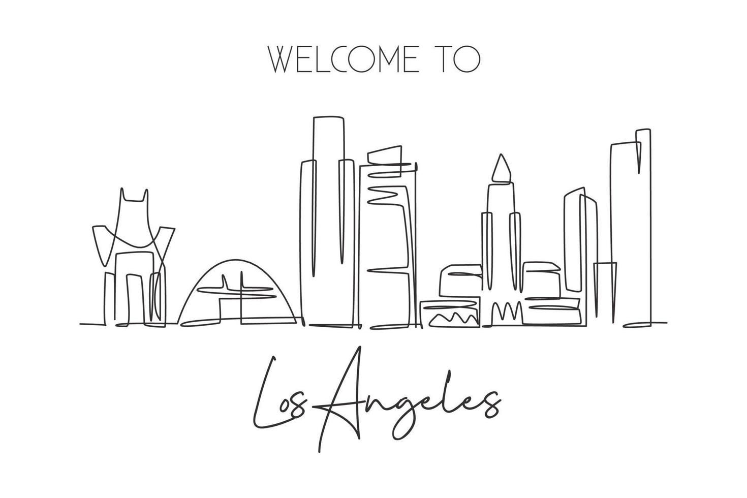 One continuous line drawing of Los Angeles city skyline, United States of America. Beautiful landmark. World travel vacation poster. Editable stylish stroke single line draw design vector illustration