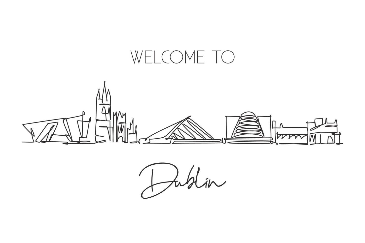 One continuous line drawing of Dublin city skyline, Republic of Ireland. Beautiful landmark. World landscape tour travel vacation wall decor poster. Stylish single line draw design vector illustration