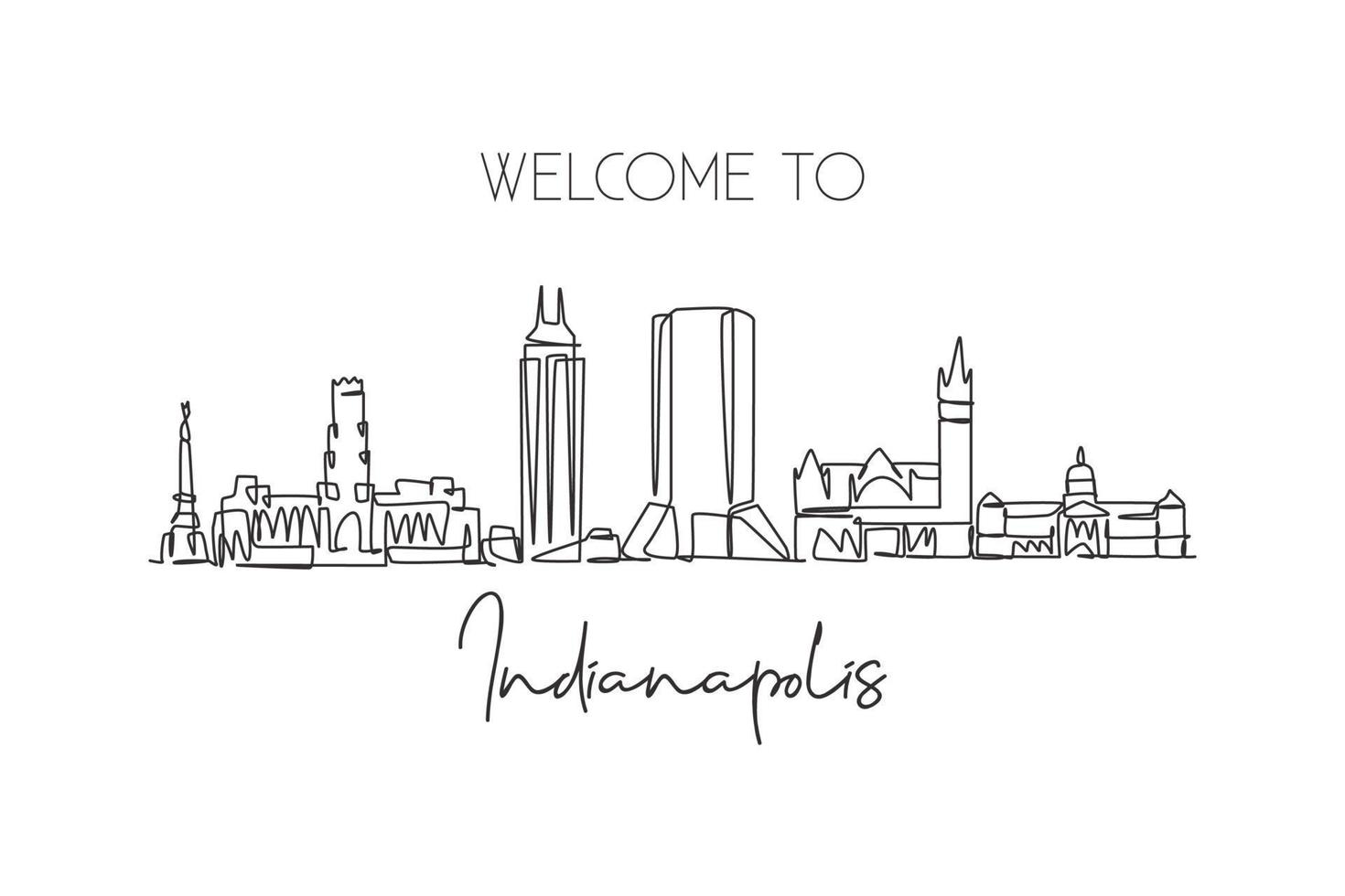 One continuous line drawing of Indianapolis city skyline, United States. Beautiful landmark. World landscape tourism travel poster. Editable stylish stroke single line draw design vector illustration