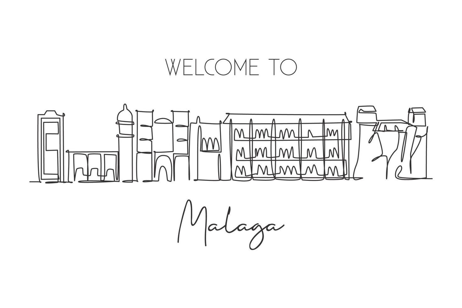 One continuous line drawing Malaga city skyline, Spain. Beautiful skyscraper. World landscape tourism travel vacation wall decor poster art concept. Stylish single line draw design vector illustration